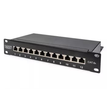 DIGITUS patch panel CAT6A, schermato, 12 porte con campo di etichettatura, 1U, montaggio a rack 10 pollici, nero RAL 9005