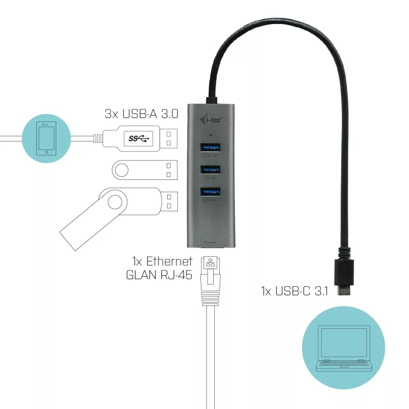 i-tec Metal hub USB-C 3 porte + adattatore Gigabit Ethernet