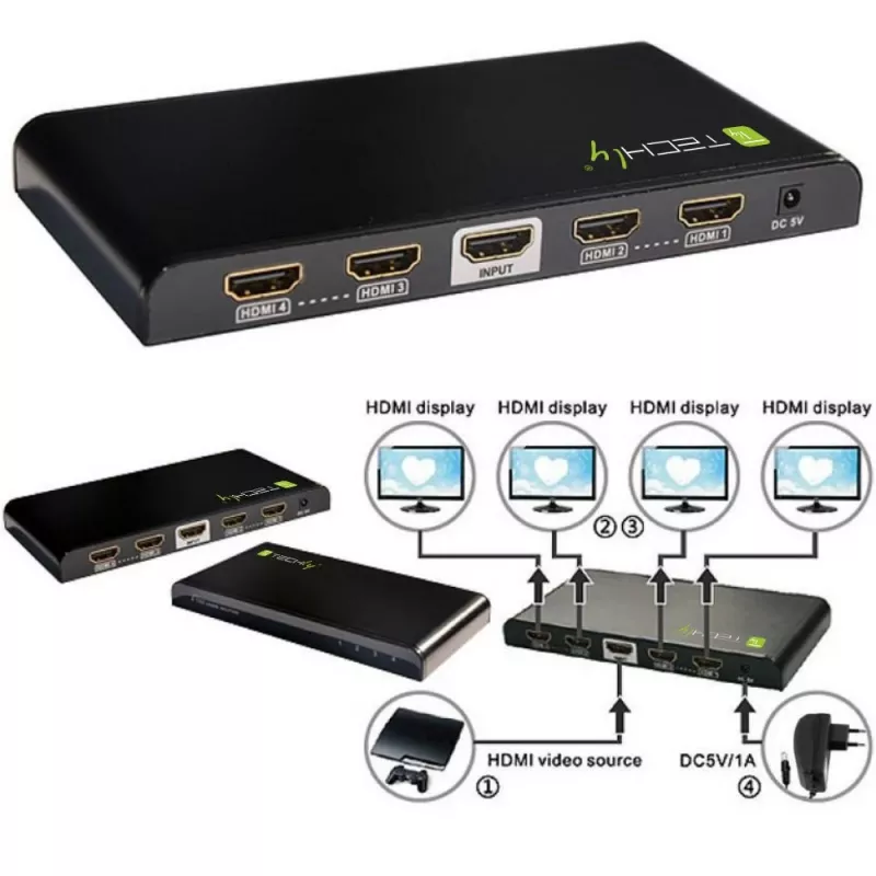 Techly IDATA HDMI-4K4 splitter HDMI 1x4, 4K x 2K (3840 x 2160), 3D, 36 bit, nero