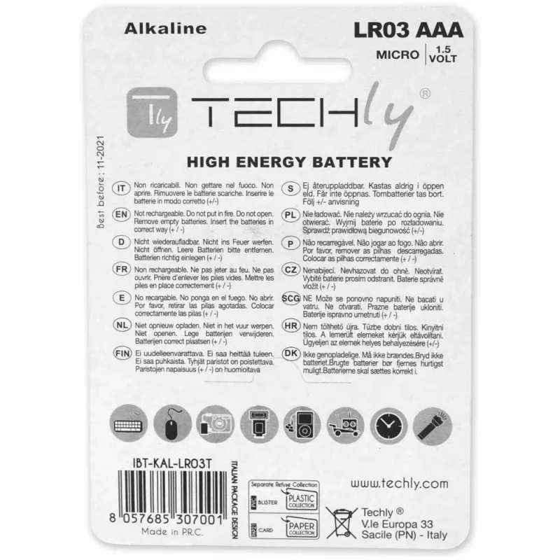 Blister 4 batterie Techly High Power Mini Stilo AAA alcaline LR03 1,5V IBT-KAL-LR03T