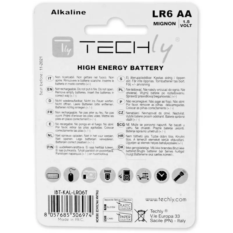 Blister 4 batterie AA alcaline Techly High Power Stilo LR06 1,5V IBT-KAL-LR06T