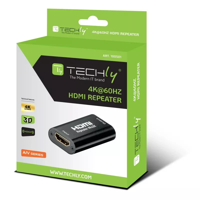 Ripetitore AV TECHLY IDATA-HDMI2-RIP4KT — HDMI 2.0, HDCP 2.2, 4096×2160, distanza massima 40 m, nero