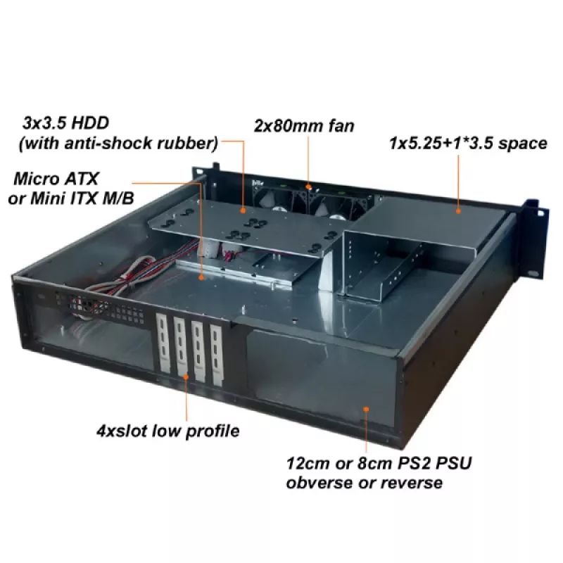 Case rack per server TECHLY I-CASE IPC-240L, 2U, Micro-ATX, 4 vani 3,5 pollici, 1 vano 5,25 pollici, 465x400x88,8 mm, nero
