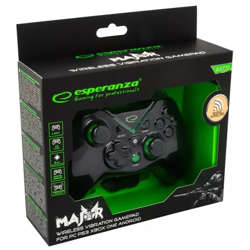 Gamepad wireless ESPERANZA EGG112K 2,4 GHz per PC e PS3, ricevitore USB, nero, 12 tasti, stick analogici