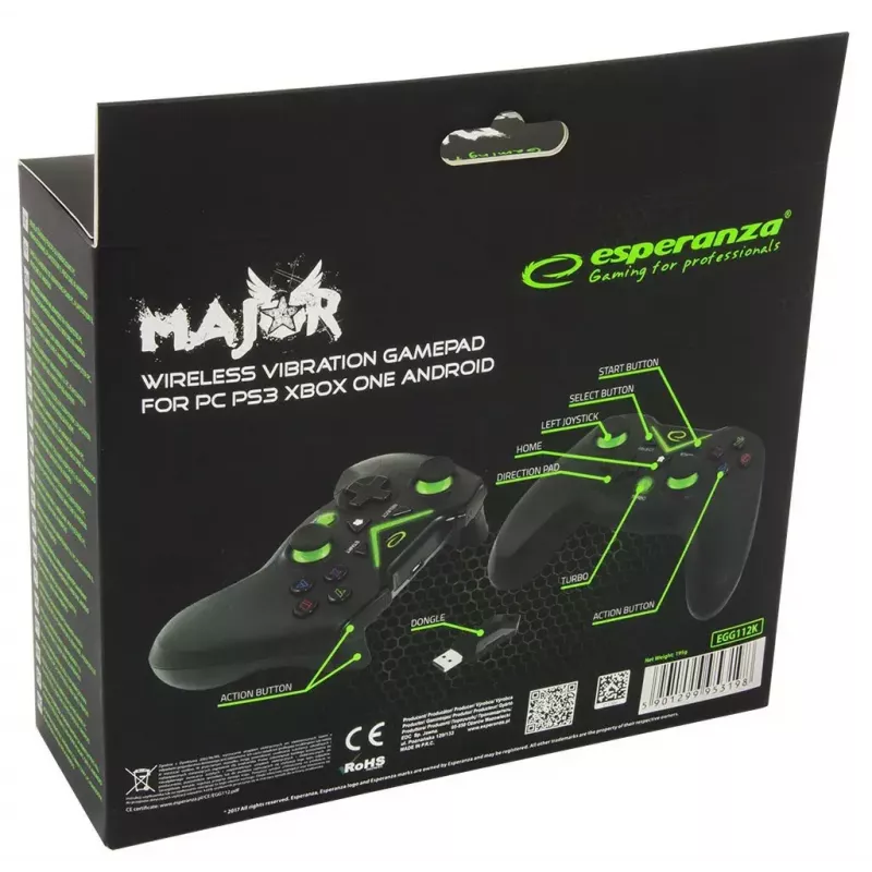 Gamepad wireless ESPERANZA EGG112K 2,4 GHz per PC e PS3, ricevitore USB, nero, 12 tasti, stick analogici