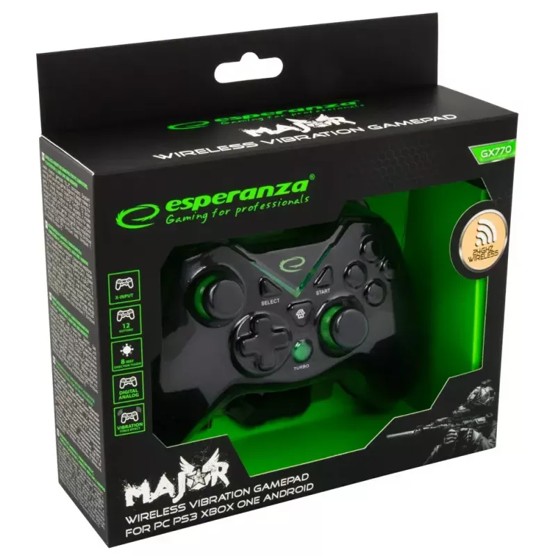 Gamepad wireless ESPERANZA EGG112K 2,4 GHz per PC e PS3, ricevitore USB, nero, 12 tasti, stick analogici