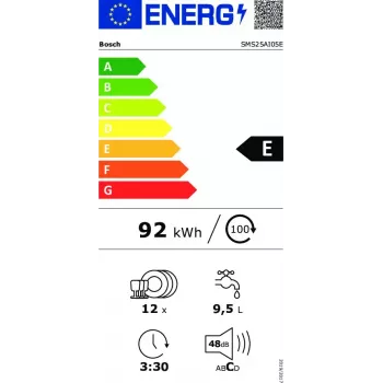 Lavastoviglie a libera installazione Bosch SMS25AI05E — completamente integrabile 60 cm, 12 coperti, 48 dB, classe energetica E