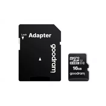 Scheda di memoria microSDHC GOODRAM 16 GB Class 10 UHS-I (U1), lettura 100 MB/s, scrittura 10 MB/s, protezione magnetica, con adattatore SD