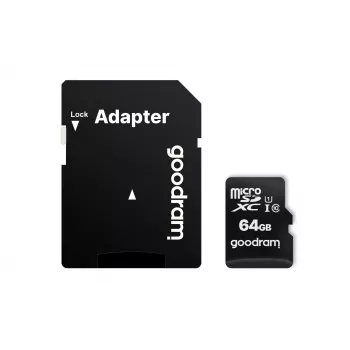 Scheda di memoria microSDXC GOODRAM 64 GB UHS-I Class 10 (U1), velocità di lettura 100 MB/s, velocità di scrittura 10 MB/s, con adattatore SD, nero