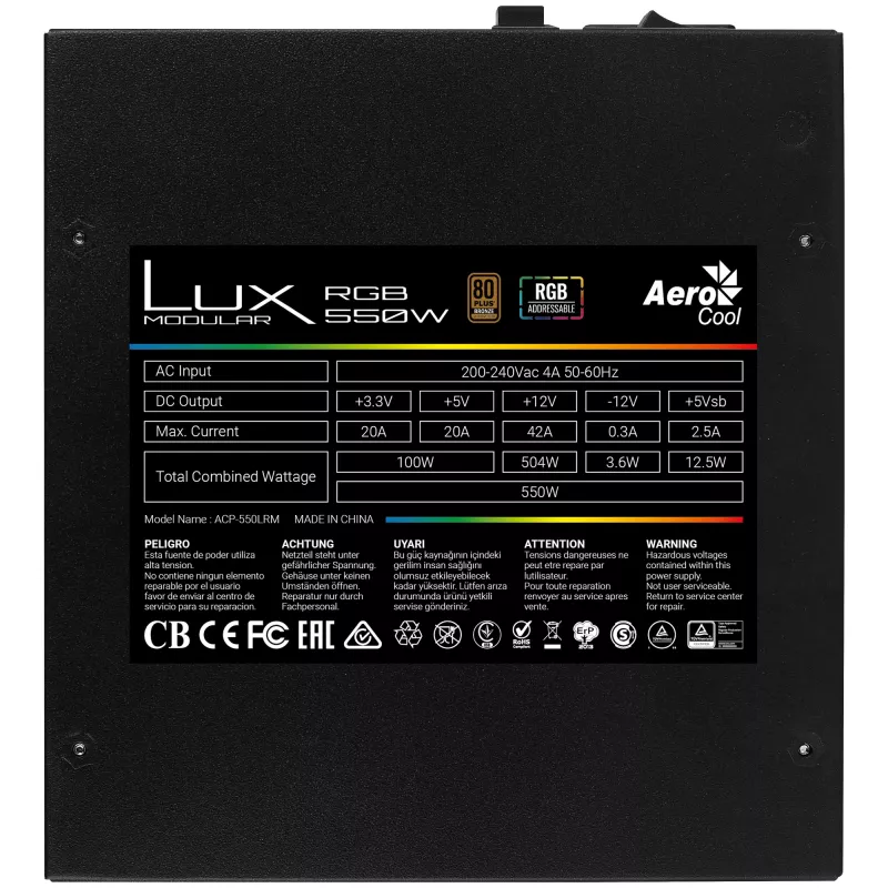 Aerocool LUXRGB550M alimentatore modulare per PC RGB 550W 80Plus Bronze 230V nero