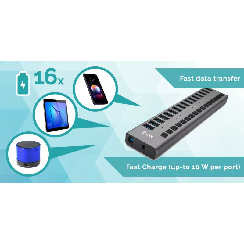 i-tec USB 3.0 hub di ricarica 16 porte + alimentatore 90 W
