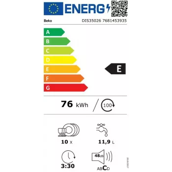 Lavastoviglie da incasso BEKO DIS35026 — slim 45 cm, 10 coperti, 48 dB, 5 programmi, classe energetica E