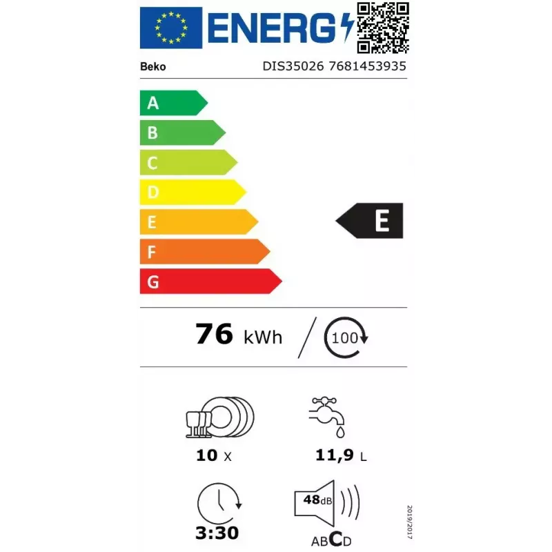 Lavastoviglie da incasso BEKO DIS35026 — slim 45 cm, 10 coperti, 48 dB, 5 programmi, classe energetica E