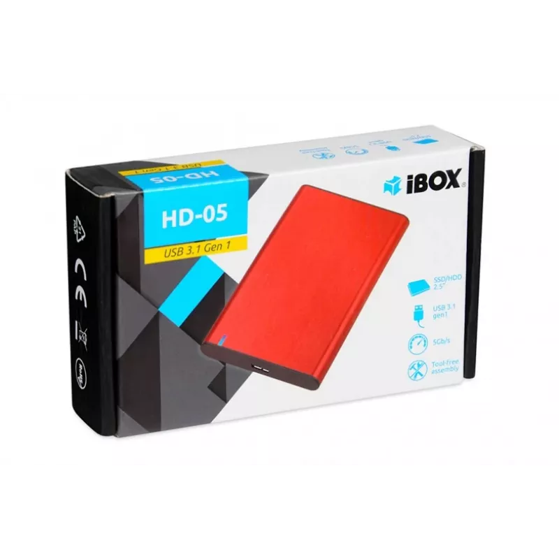Case HDD/SSD IBOX HD-05 rosso 2,5 inch — USB 3.2 Gen 1 (5 Gbit/s), JMicron JMS578, fino a 10 TB