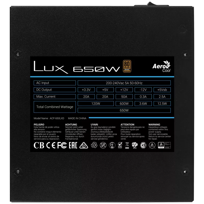 Aerocool LUX650 Alimentatore PC 650W 80 Plus Bronze 230V 88% efficienza nero