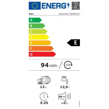 Lavastoviglie da incasso BEKO DIN35320 — 13 coperti, 60 cm, 48 dB, 5 programmi, classe energetica E