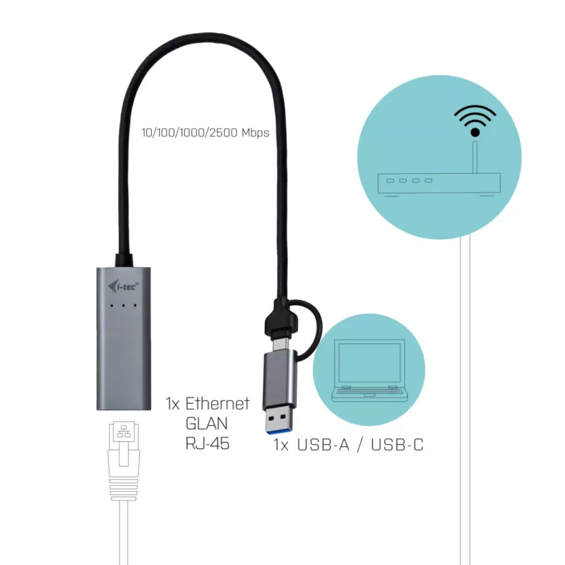 Adattatore i-tec Metal USB-C/USB-A 2.5Gbps Ethernet, con filo, USB Type-A/USB Type-C, Ethernet, 2500 Mbit/s, grigio