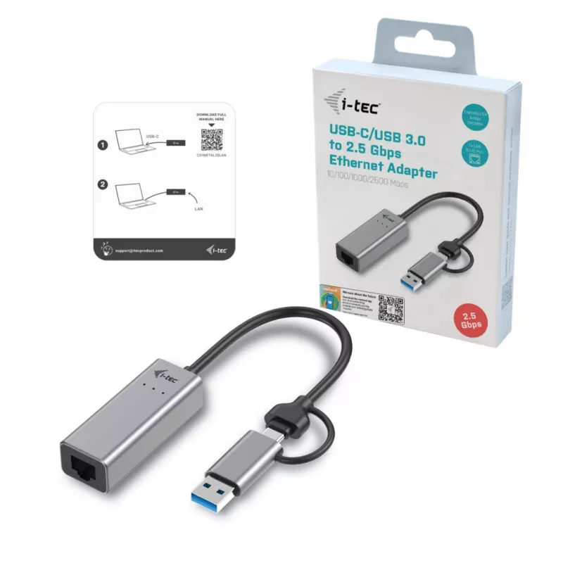Adattatore i-tec Metal USB-C/USB-A 2.5Gbps Ethernet, con filo, USB Type-A/USB Type-C, Ethernet, 2500 Mbit/s, grigio