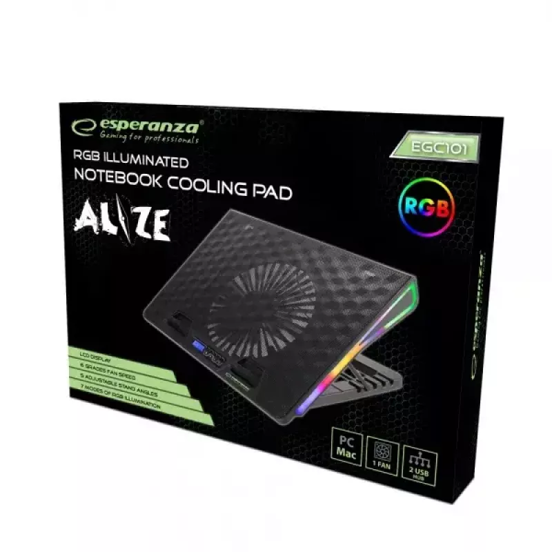 Base di raffreddamento per notebook ESPERANZA EGC101 — 1 ventola 18 cm, 76 cfm, 800 giri/min, 5 posizioni in altezza, LCD, alimentazione USB