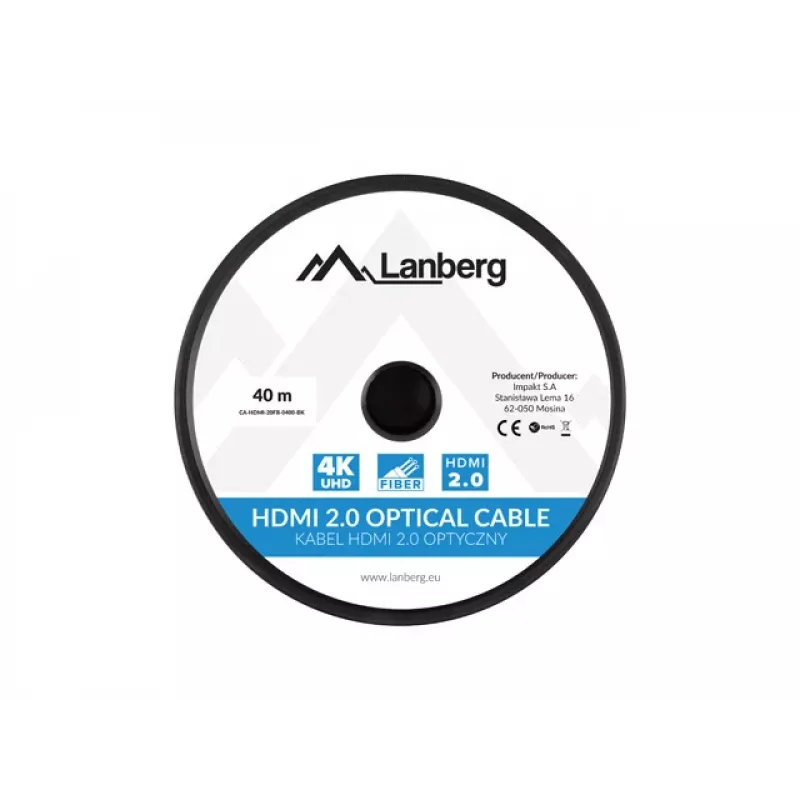 Lanberg CA-HDMI-20FB-0400-BK cavo HDMI 2.0 ottico attivo (AOC), 40 m, tipo A maschio-maschio, 4K 60 Hz (3840x2160), 18 Gbit/s, Ethernet, nero