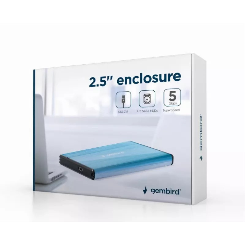 Case HDD Gembird EE2-U3S-3-B — 2,5 pollici single-bay, SATA, Mini‑USB A, fino a 7 TB, blu