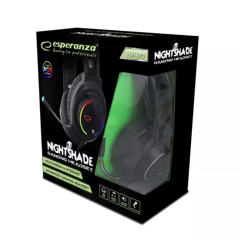 Esperanza EGH470 Nightshade cuffie gaming cablate con microfono, retroilluminazione RGB, controllo del volume, 32 Ω, nere