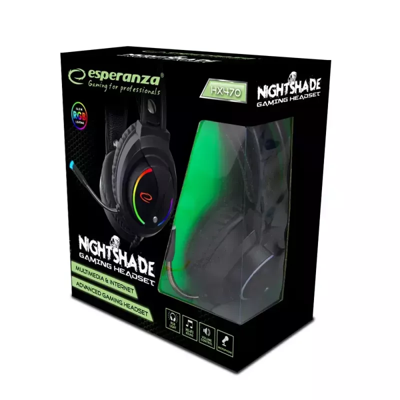 Esperanza EGH470 Nightshade cuffie gaming cablate con microfono, retroilluminazione RGB, controllo del volume, 32 Ω, nere