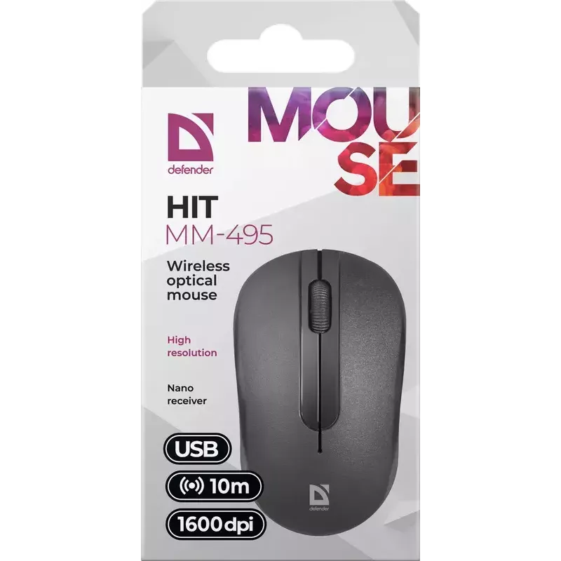 Mouse ottico wireless DEFENDER HIT MM-495 RF, ambidestro, 1600 DPI, ricevitore USB RF, nero