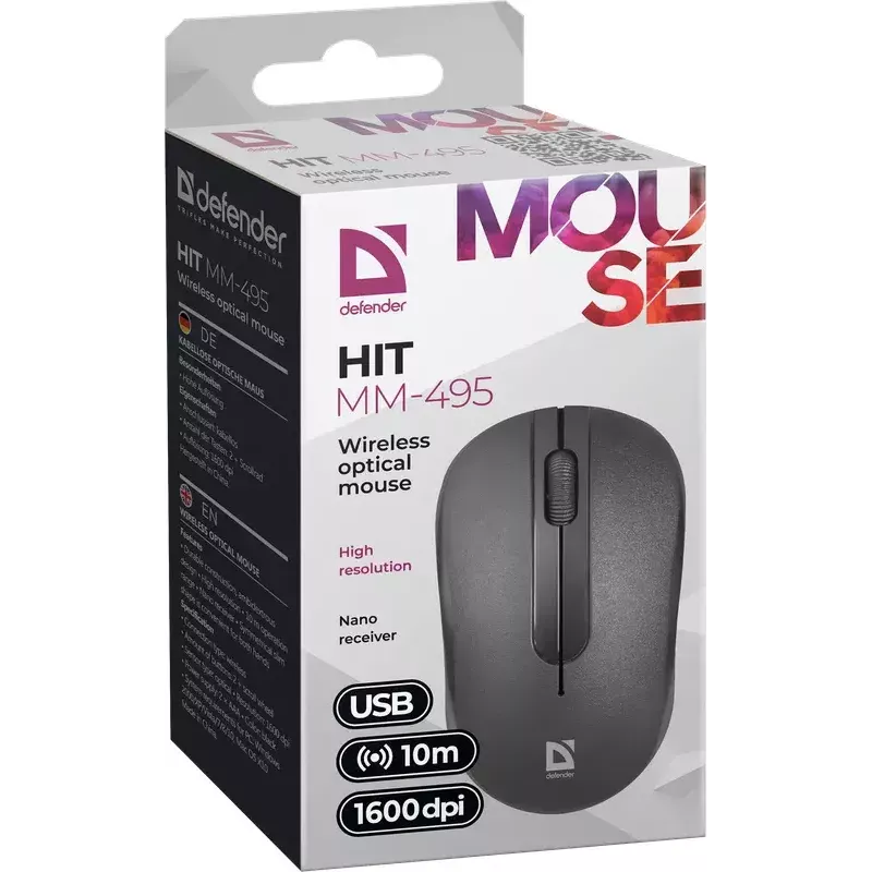 Mouse ottico wireless DEFENDER HIT MM-495 RF, ambidestro, 1600 DPI, ricevitore USB RF, nero