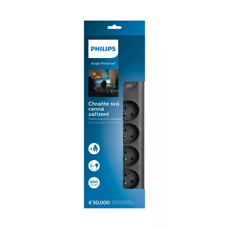 Philips SPN7040BA/60 ciabatta con protezione da sovratensioni, 4 prese, 2 m, nera