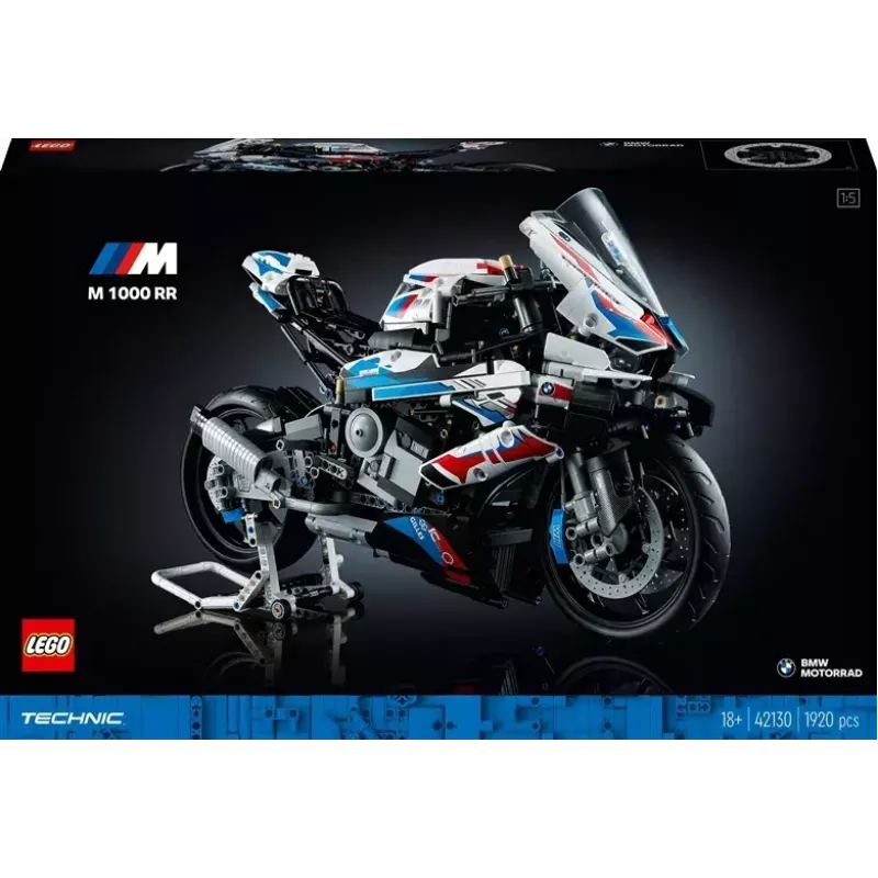 LEGO Technic modellino moto BMW M1000RR 42130 con motore dettagliato e sospensioni funzionanti