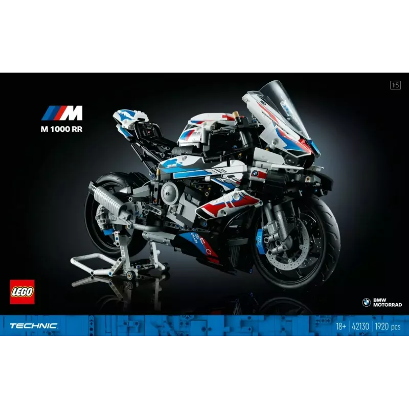 LEGO Technic modellino moto BMW M1000RR 42130 con motore dettagliato e sospensioni funzionanti