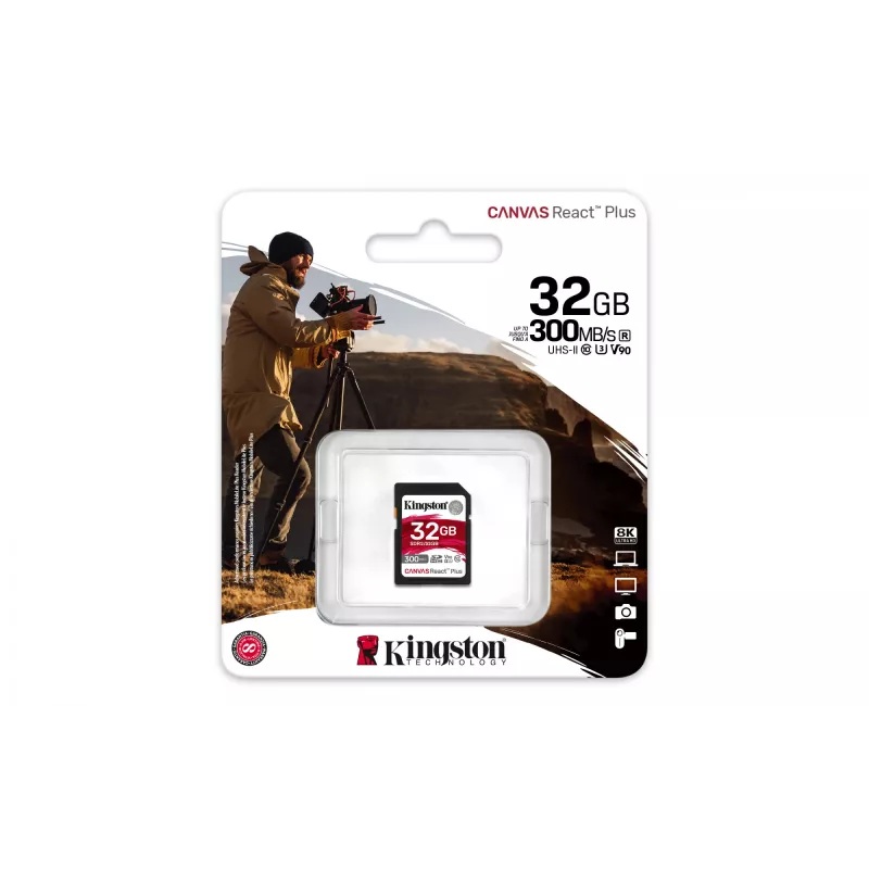 Kingston Technology 32 GB Canvas React Plus SDHC UHS-II 300R/260W U3 V90 per Full HD/4K/8K