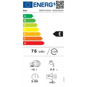 Lavastoviglie slim Beko BDFS15020X, 10 coperti, 45 cm, 47 dB, 5 programmi, motore inverter