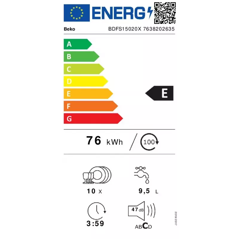 Lavastoviglie slim Beko BDFS15020X, 10 coperti, 45 cm, 47 dB, 5 programmi, motore inverter