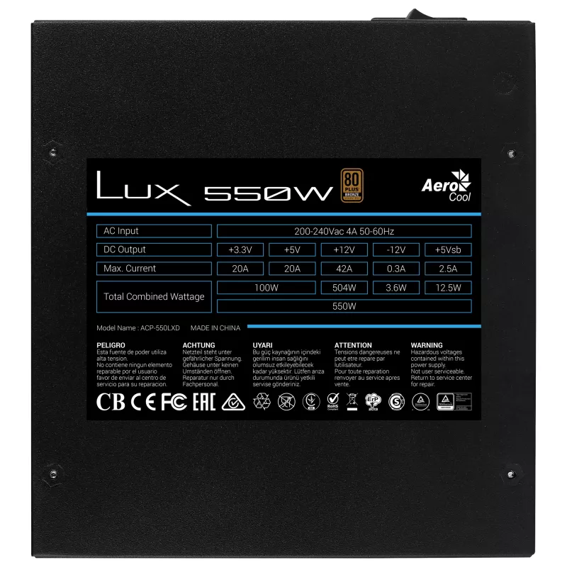 Alimentatore Aerocool LUX 550W 20+4 pin ATX ATX nero