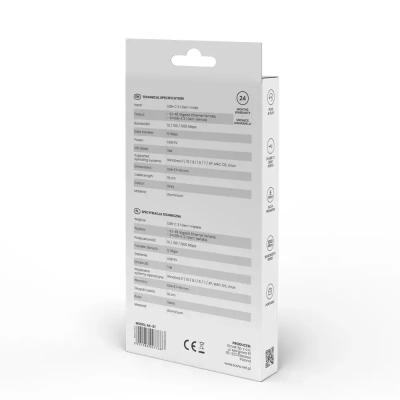 Hub USB-C SAVIO AK-57 con 3× USB-A, RJ-45 Gigabit Ethernet (5000 Mbit/s), alluminio grigio