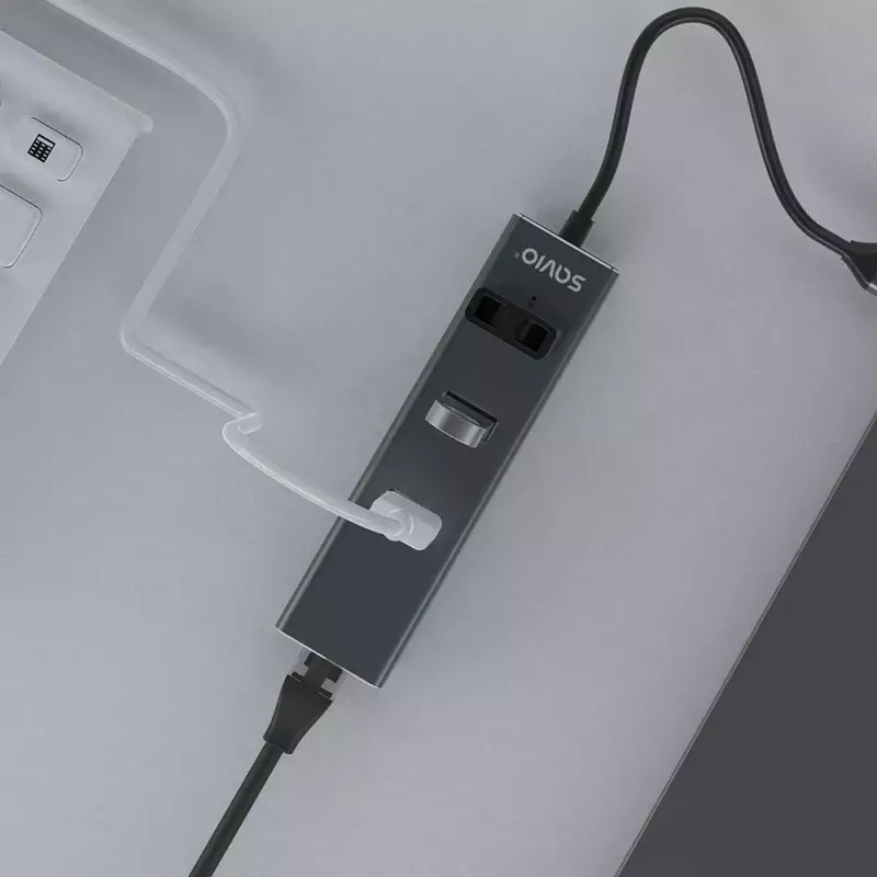 Hub USB-C SAVIO AK-57 con 3× USB-A, RJ-45 Gigabit Ethernet (5000 Mbit/s), alluminio grigio