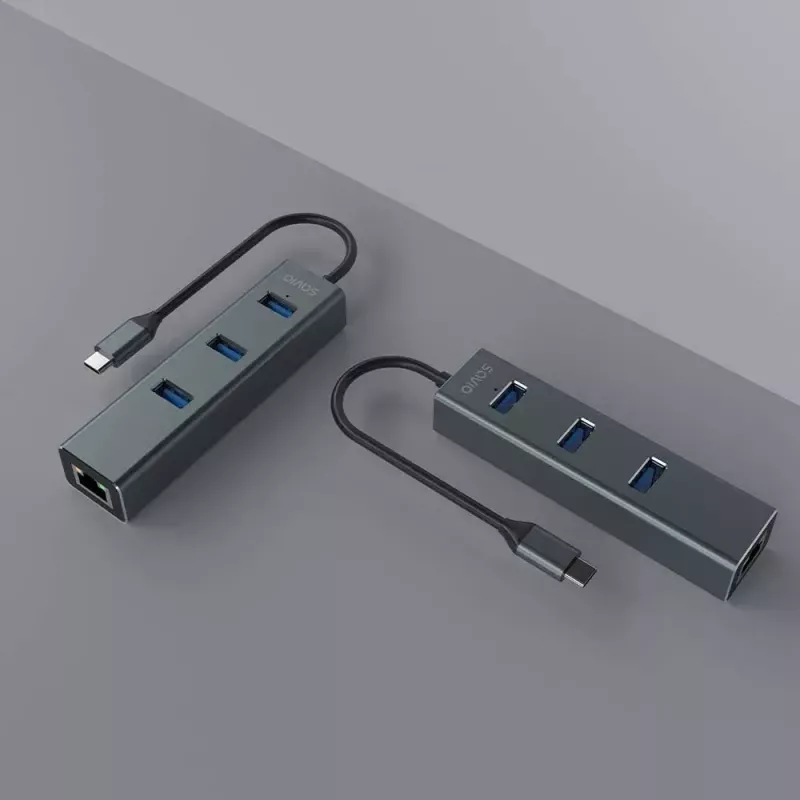Hub USB-C SAVIO AK-57 con 3× USB-A, RJ-45 Gigabit Ethernet (5000 Mbit/s), alluminio grigio