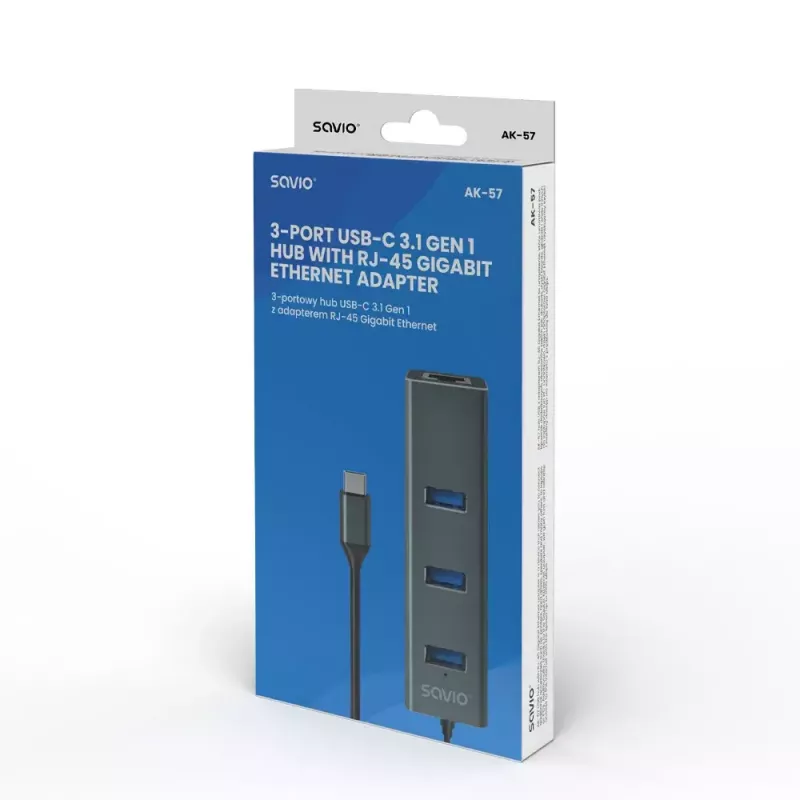Hub USB-C SAVIO AK-57 con 3× USB-A, RJ-45 Gigabit Ethernet (5000 Mbit/s), alluminio grigio