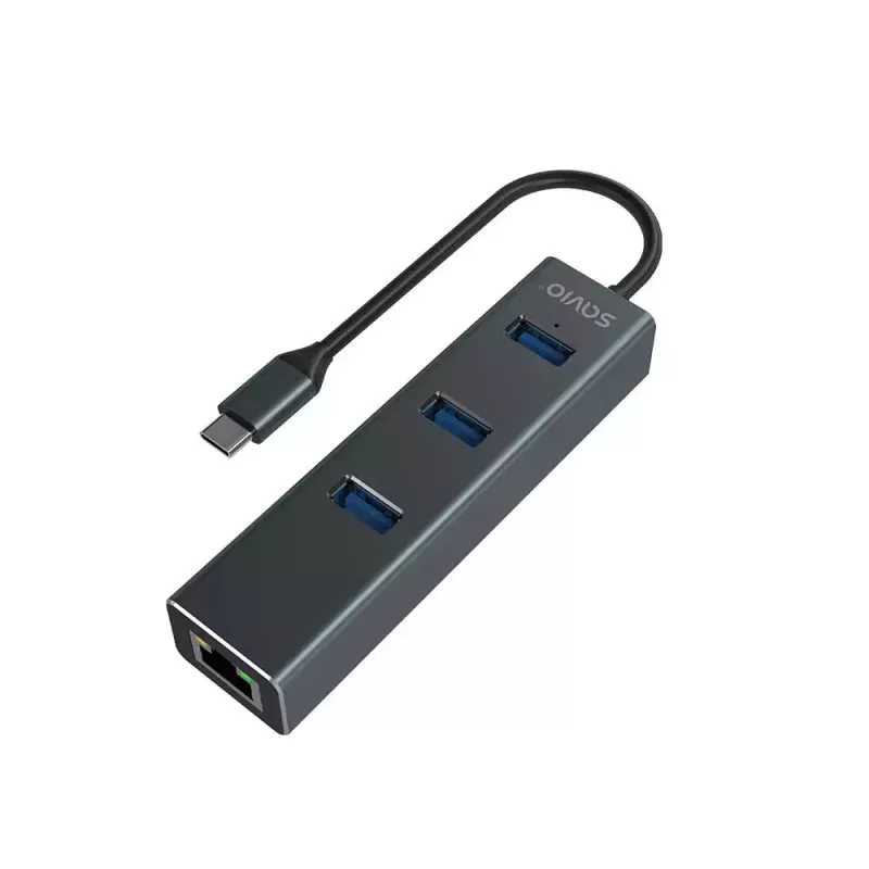 Hub USB-C SAVIO AK-57 con 3× USB-A, RJ-45 Gigabit Ethernet (5000 Mbit/s), alluminio grigio