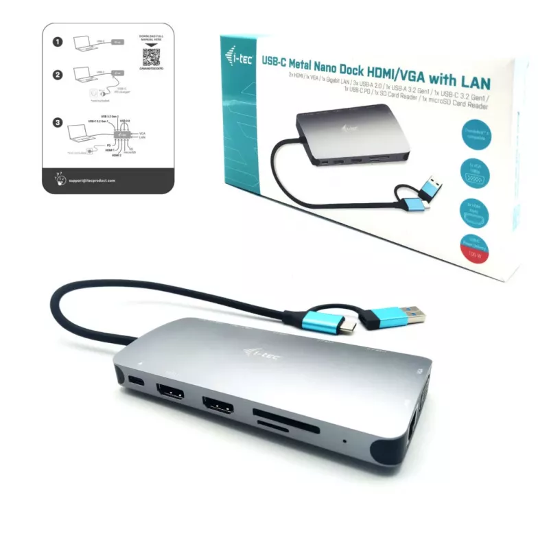 Dock i-tec USB 3.0 USB-C/Thunderbolt 3x Display Metal Nano con LAN + Power Delivery 100 W