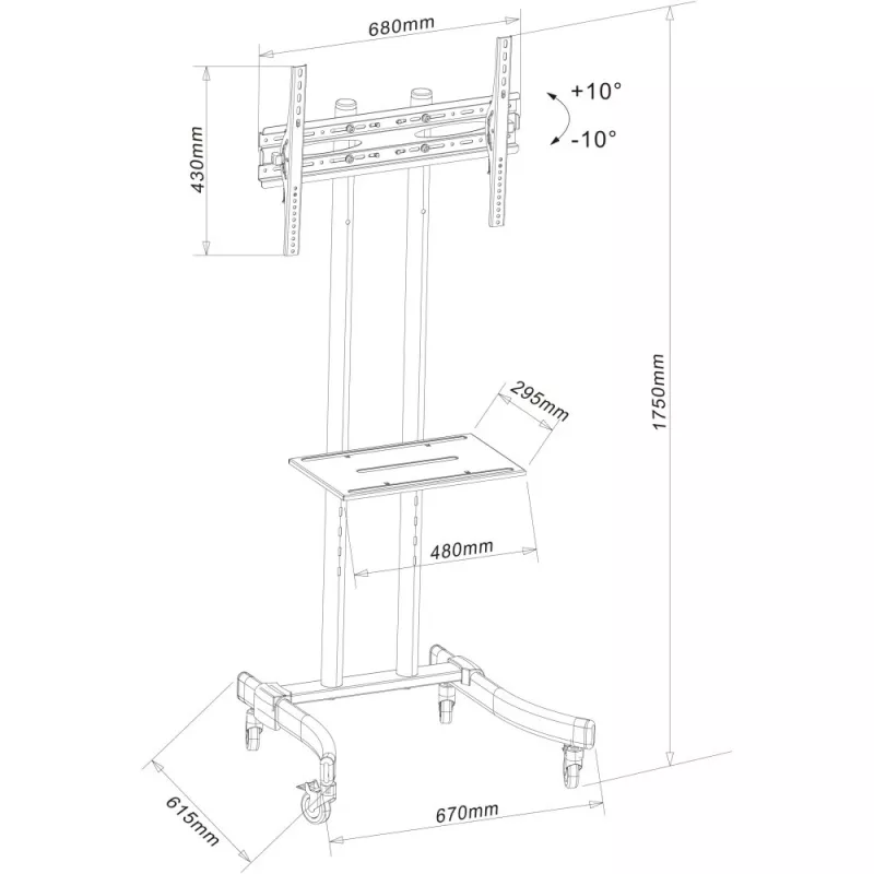 Techly ICA-TR23 supporto TV mobile con ruote, 32-70 pollici, 40 kg, con ripiano