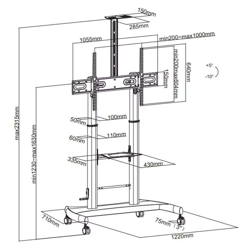 Carrello supporto da terra in acciaio Techly con sostegno regolabile in altezza per TV da 60'' a 100''