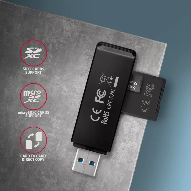 Lettore di schede Axagon CRE-S2N USB 3.2 Gen 1 Type-A nero