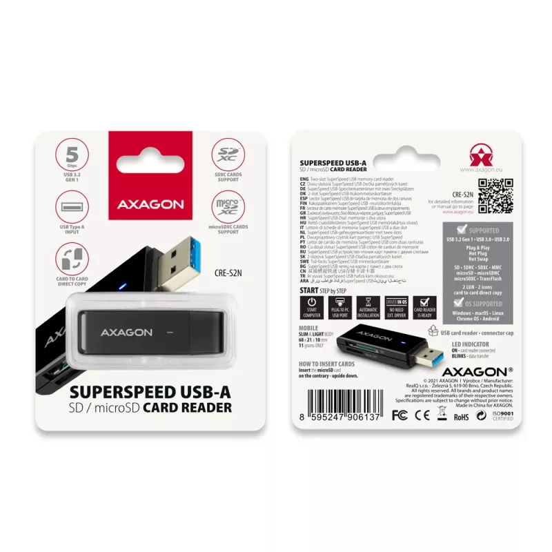 Lettore di schede Axagon CRE-S2N USB 3.2 Gen 1 Type-A nero