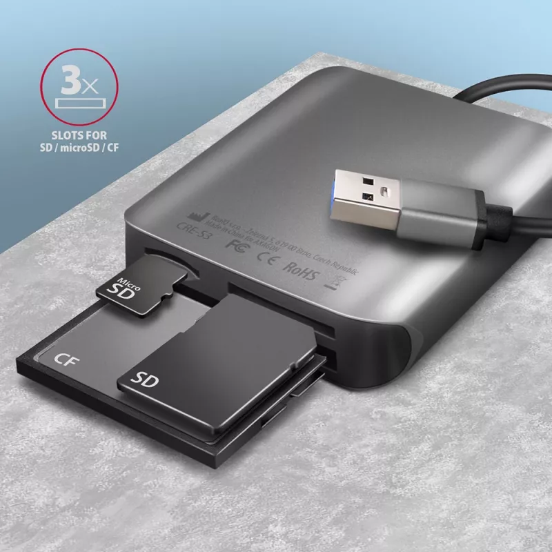 Axagon CRE-S3 lettore di schede esterno USB-A 3.2 Gen 1 3 slot & LUN SD/microSD/CF USB 3.2 Gen 1 (3.1 Gen 1) Type-A grigio