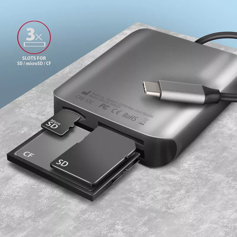 Axagon CRE-S3C lettore di schede di memoria in alluminio high speed USB-C 3.2 Gen 1, 3 slot, UHS-II