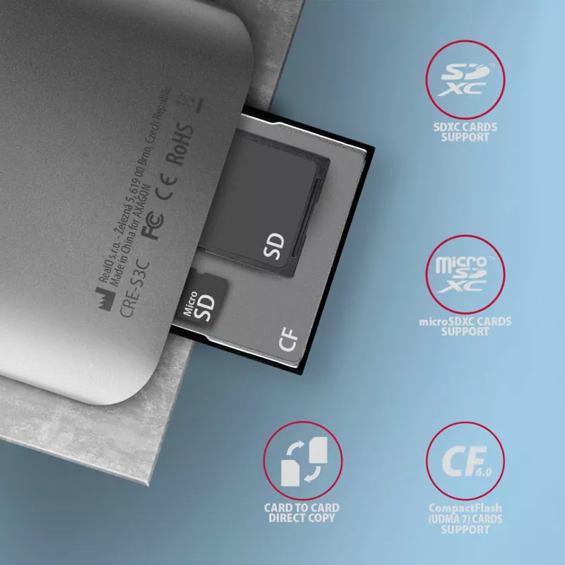 Axagon CRE-S3C lettore di schede di memoria in alluminio high speed USB-C 3.2 Gen 1, 3 slot, UHS-II
