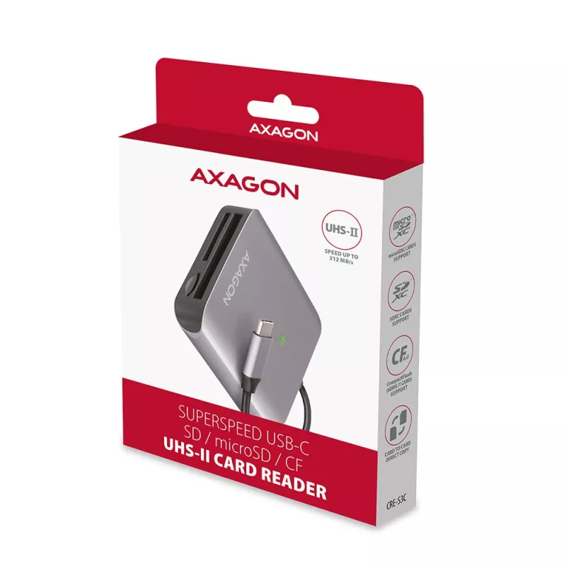 Axagon CRE-S3C lettore di schede di memoria in alluminio high speed USB-C 3.2 Gen 1, 3 slot, UHS-II